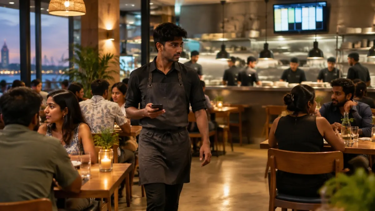 Waiter carrying a phone through a busy restaurant in Sri Lanka, with a kitchen order screen in the background